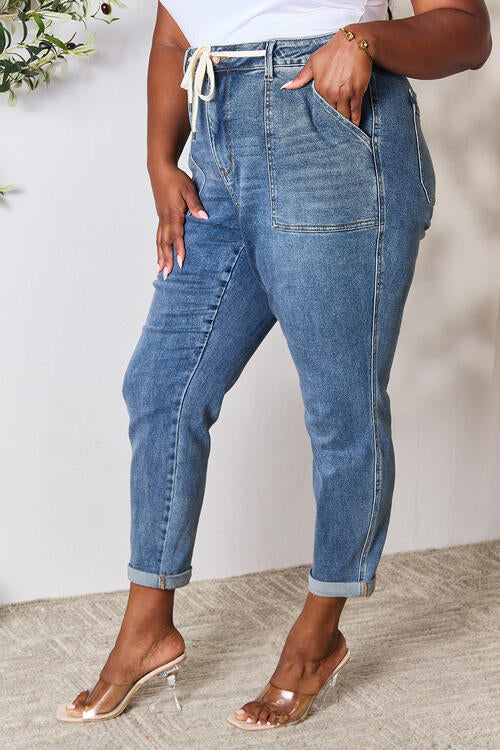 Full Size High Waist Drawstring Denim Jeans