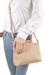 Bamboo Top Handle Linen Convertible Clutch Bag