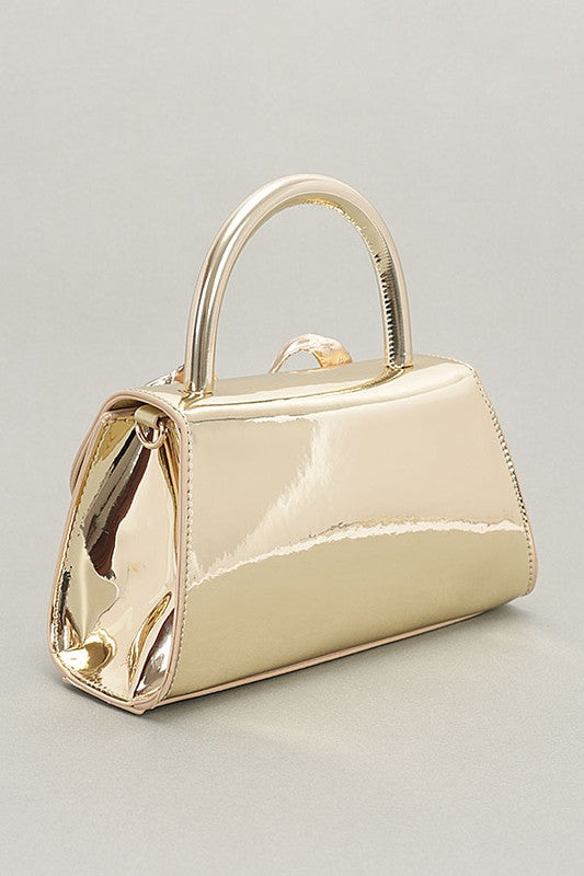 Metallic Bow Tie Mirror Top Handle Bag