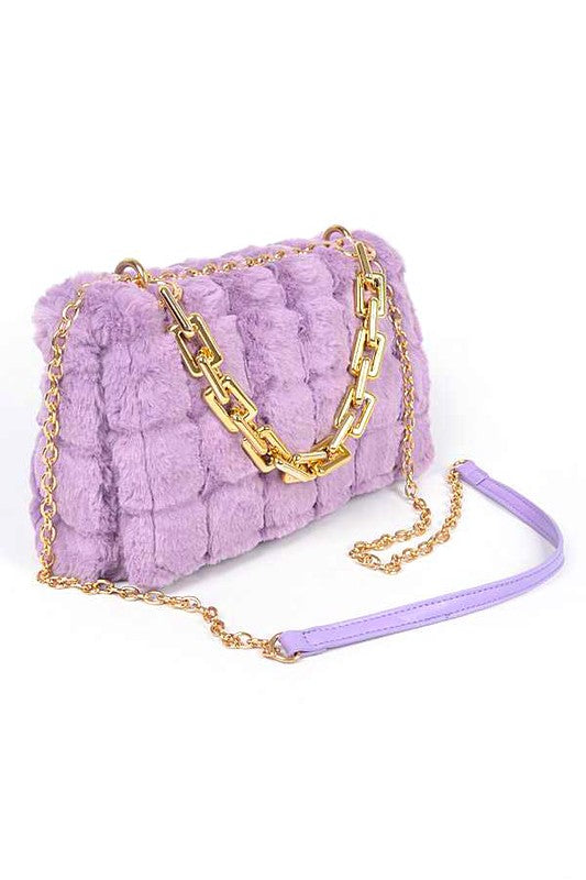 Quilted Faux Fur Chunky Chain Crossbody Bag