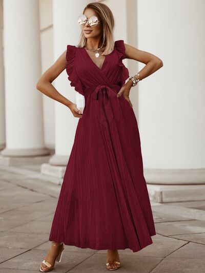 Tied Surplice Cap Sleeve Pleated Dress