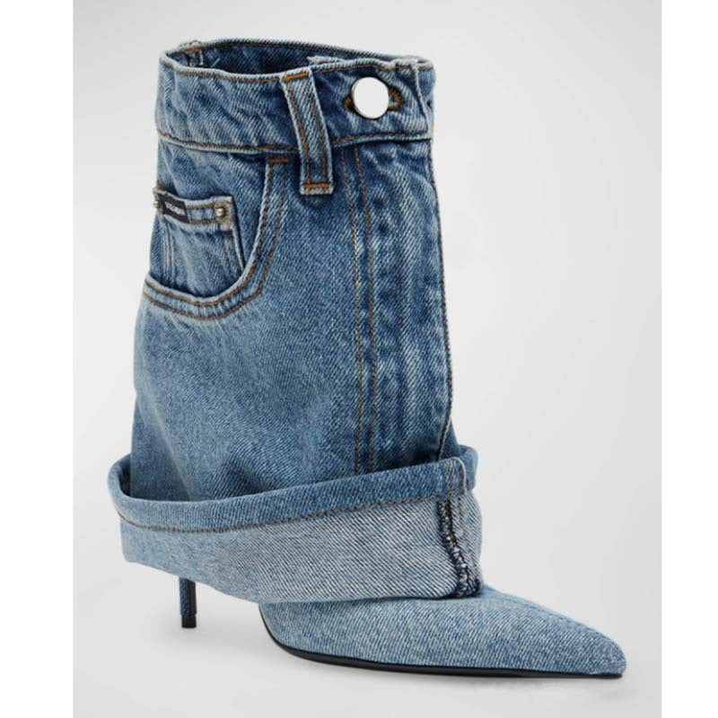 Pointed-toe Washed Denim Pantskirt Stiletto Ankle Boots