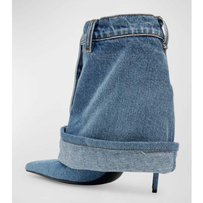 Pointed-toe Washed Denim Pantskirt Stiletto Ankle Boots