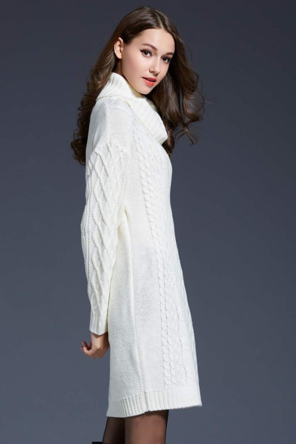 Mixed Knit Cowl Neck Dropped Shoulder Sweater Dress