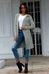 Cable-Knit Open Front Hooded Cardigan