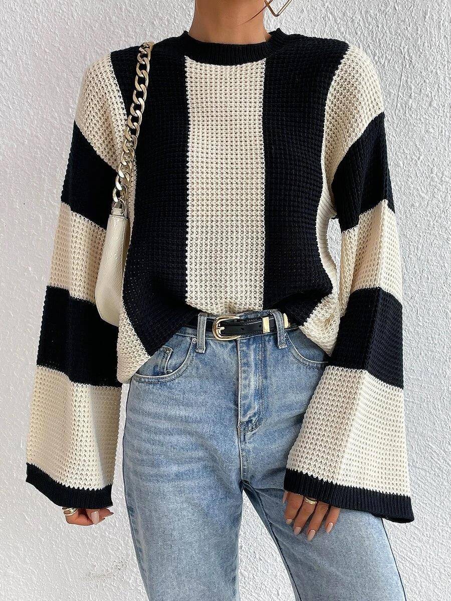 Crew Neck Waffle Drop Shoulder Knit Sweater