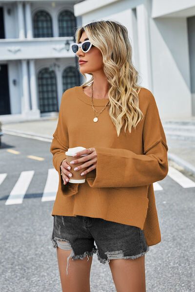 High-Low Slit Round Neck Long Sleeve Sweater