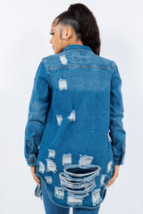 Distressed Button Up Long Sleeve Denim Jacket