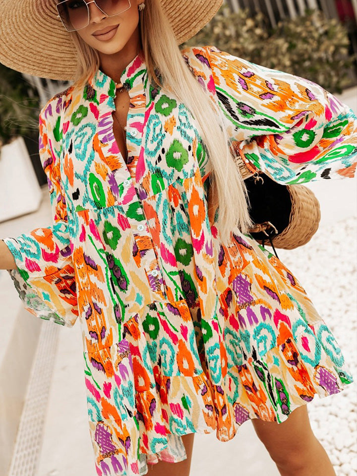 Printed Buttoned Long Sleeve Dress