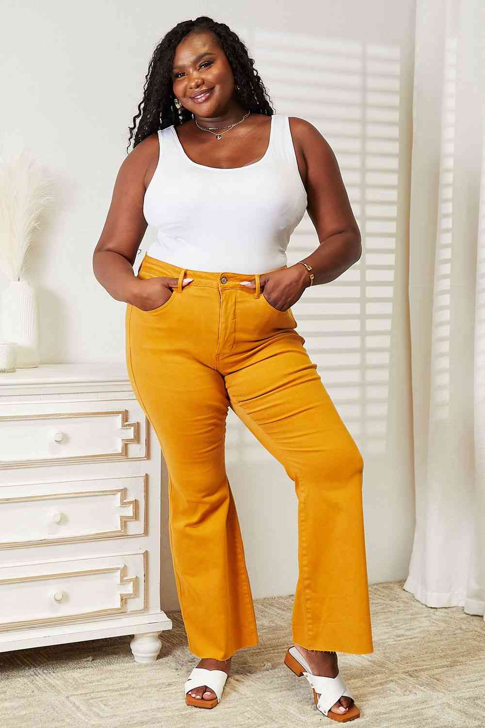 Full Size High Waist Tummy Control Garment Dyed Flare Jeans