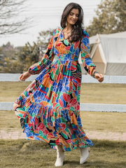 Printed Smocked Tie Neck Balloon Sleeve Maxi Dress