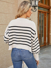 Round Neck Striped Lantern Sleeve Sweater