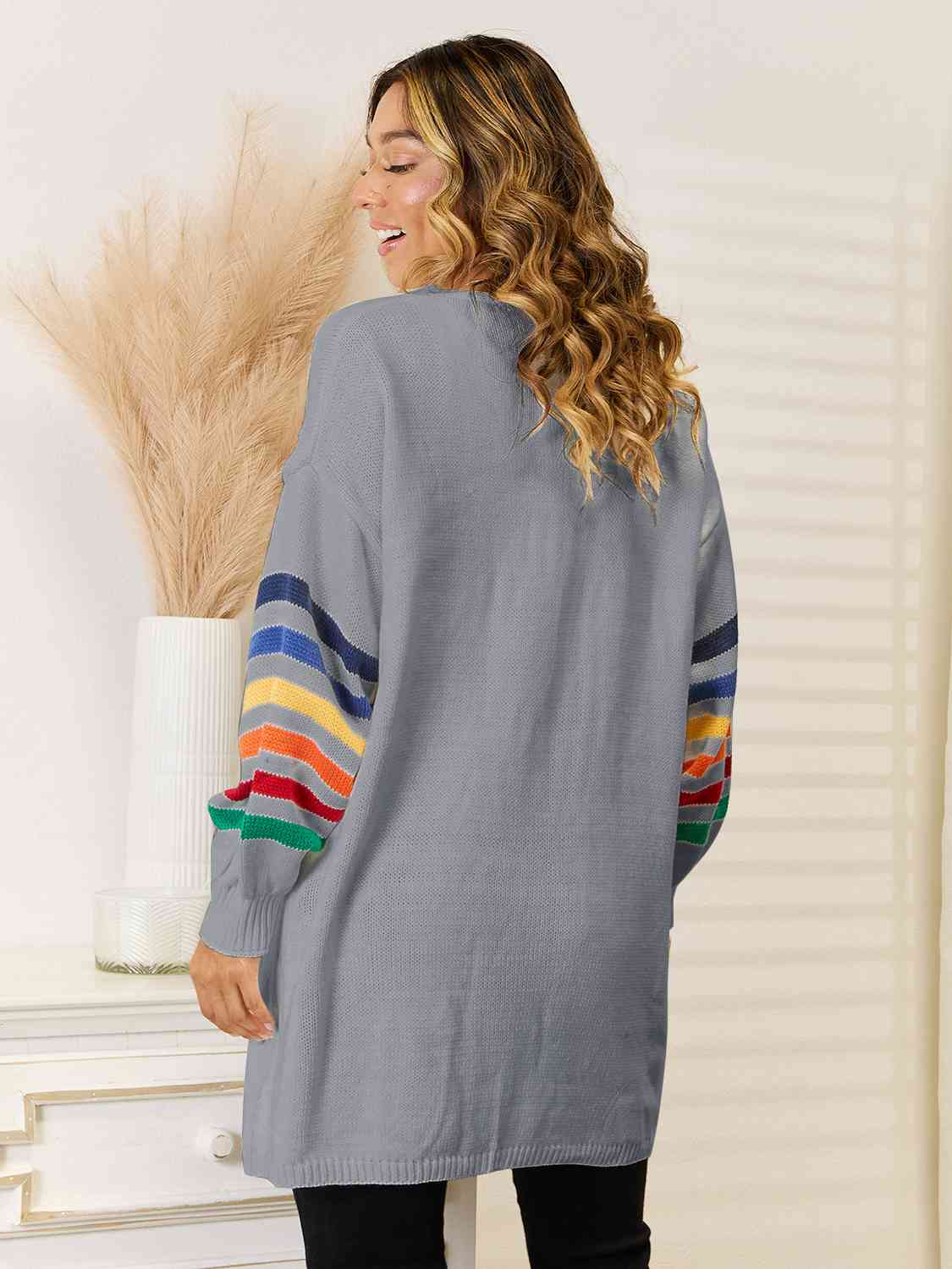 Striped Open Front Dropped Shoulder Cardigan