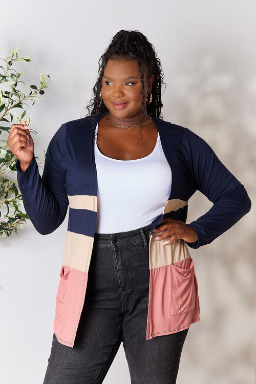 Full Size Color Block Contrast Open Cardigan