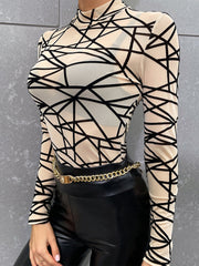 Geometric Mock Neck Long Sleeve Top