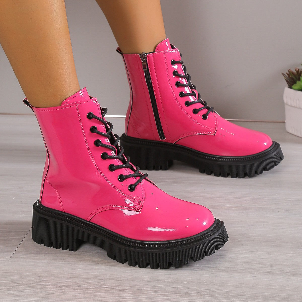 Jelly British Style Patent Leather Platform Lace-up Boots