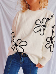 Flower Round Neck Long Sleeve Sweater