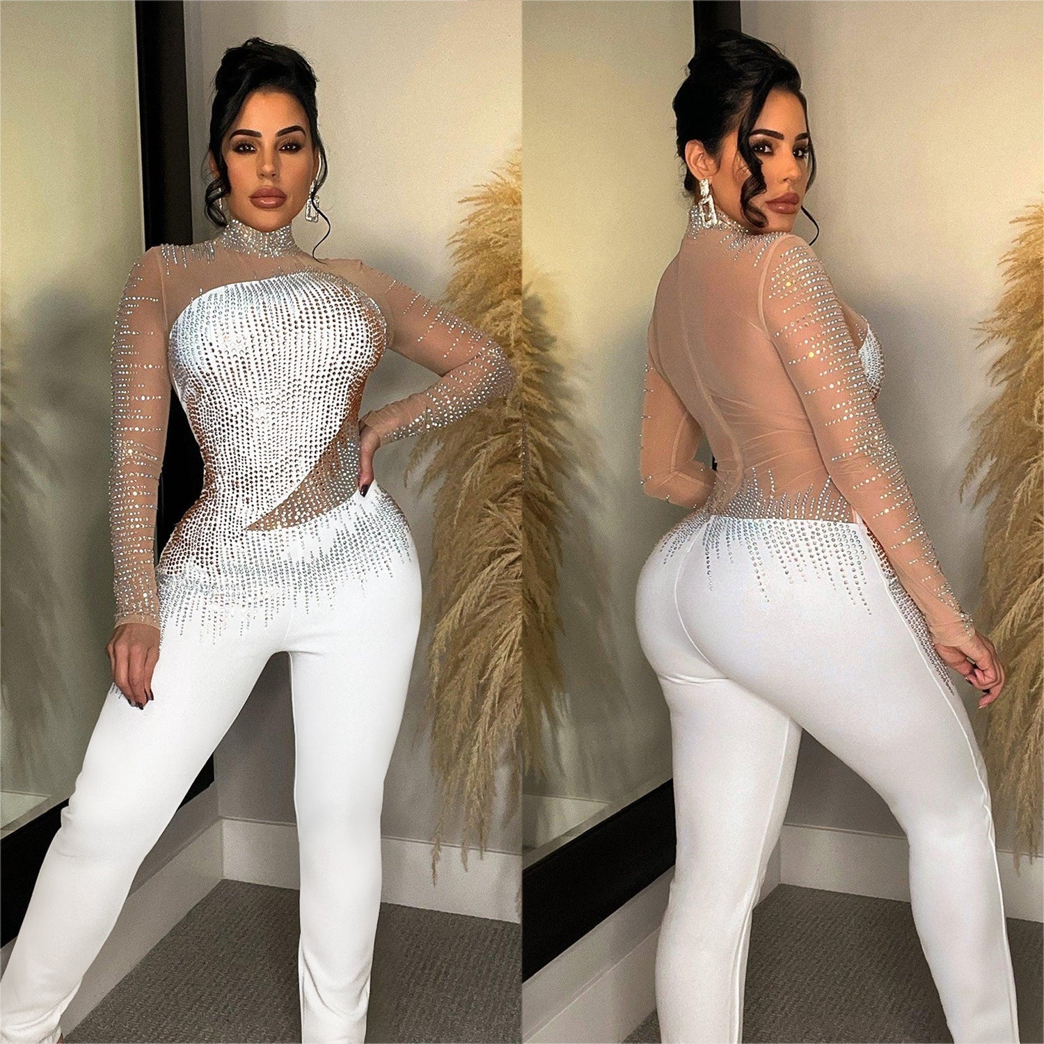 Pure Color Mesh Rhinestone Jumpsuit