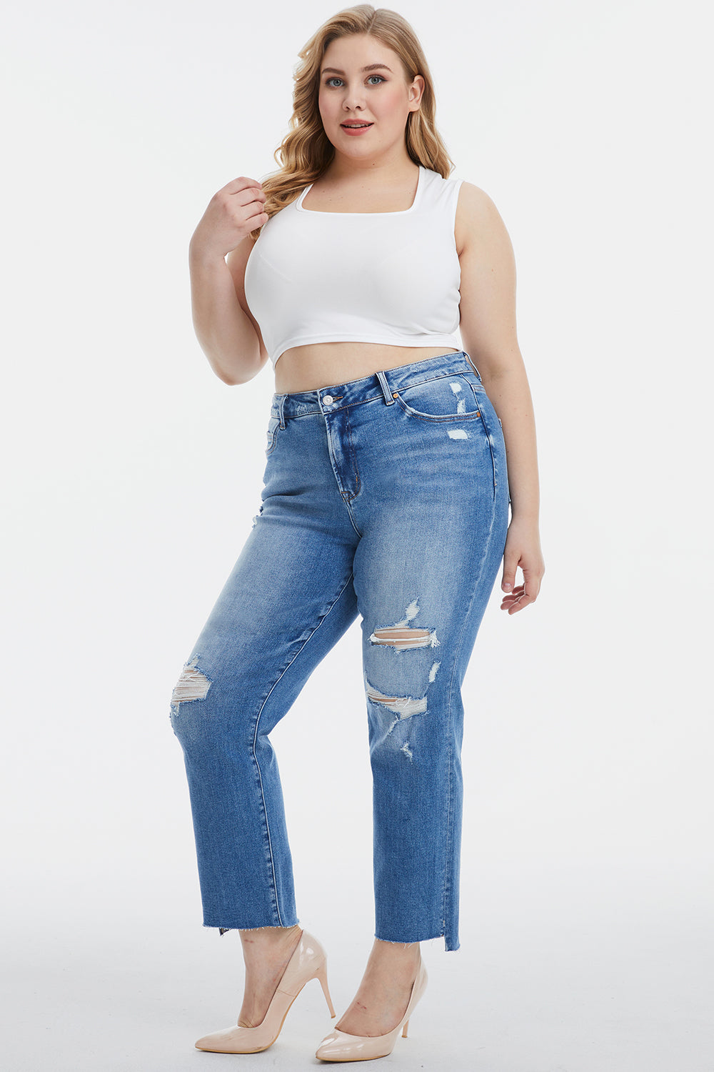 Mid Waist Distressed Ripped Straight Jeans