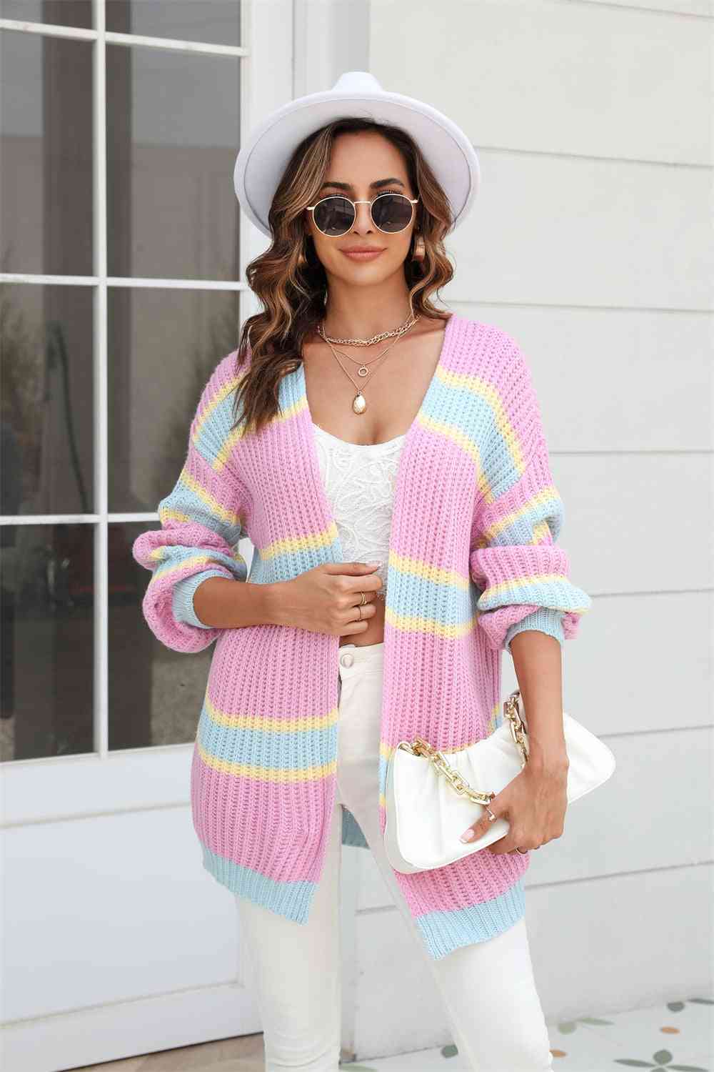 Color Block Ribbed Dropped Shoulder Open Front Cardigan