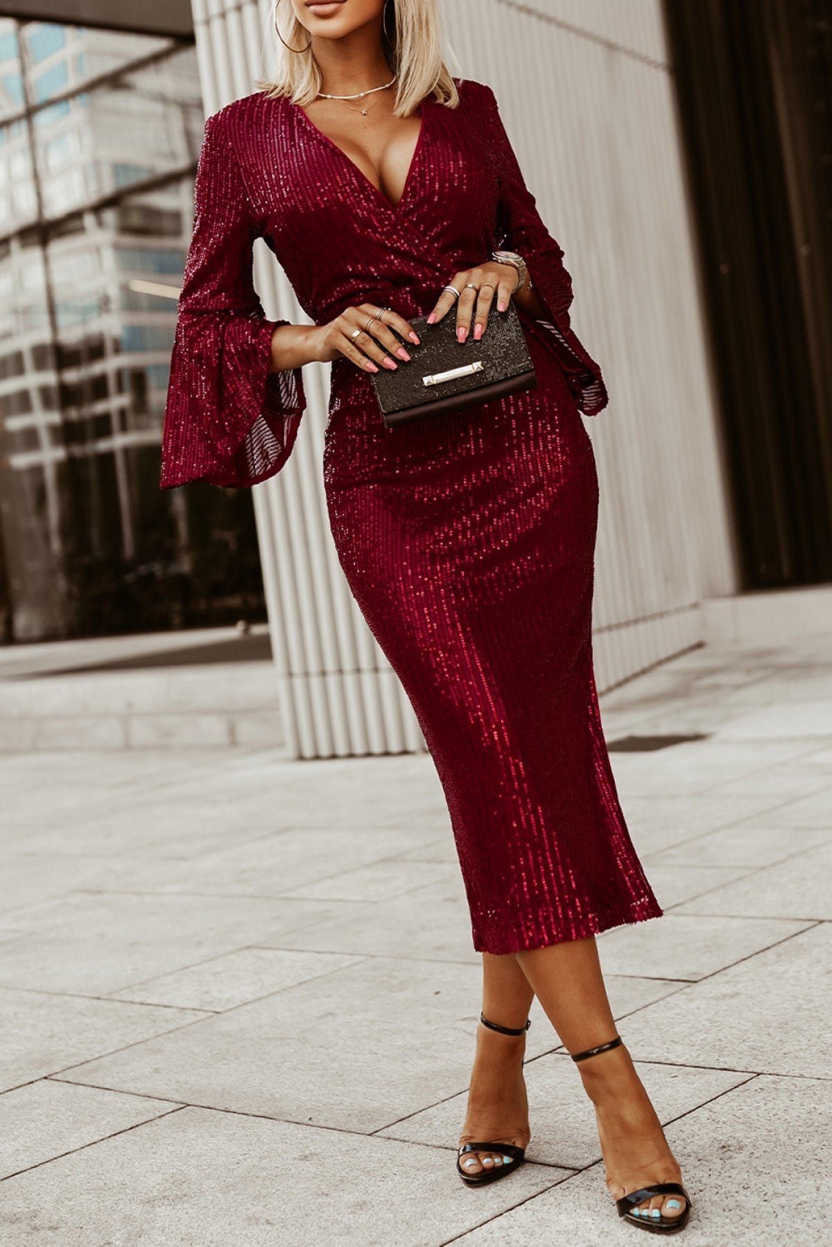 Red Deep V Neck Bell Sleeve Sequin Dress