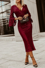 Red Deep V Neck Bell Sleeve Sequin Dress