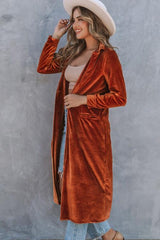 Collared Neck Longline Velvet Cardigan with Pockets