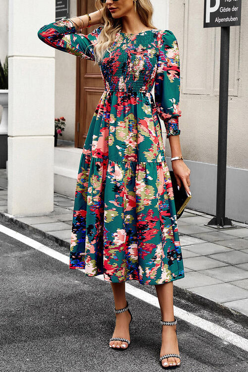 Printed Smocked Lantern Sleeve Ruffled Dress