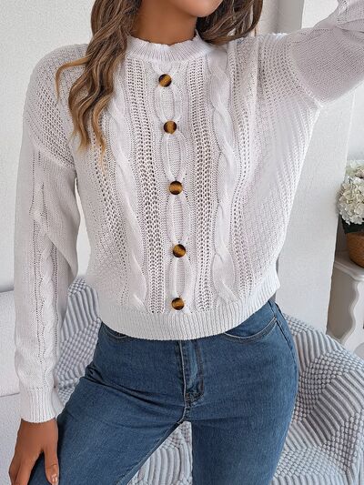 Cable-Knit Buttoned Round Neck Sweater