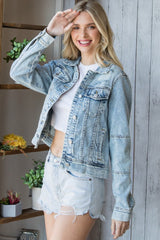 Distressed Button Up Denim Jacket