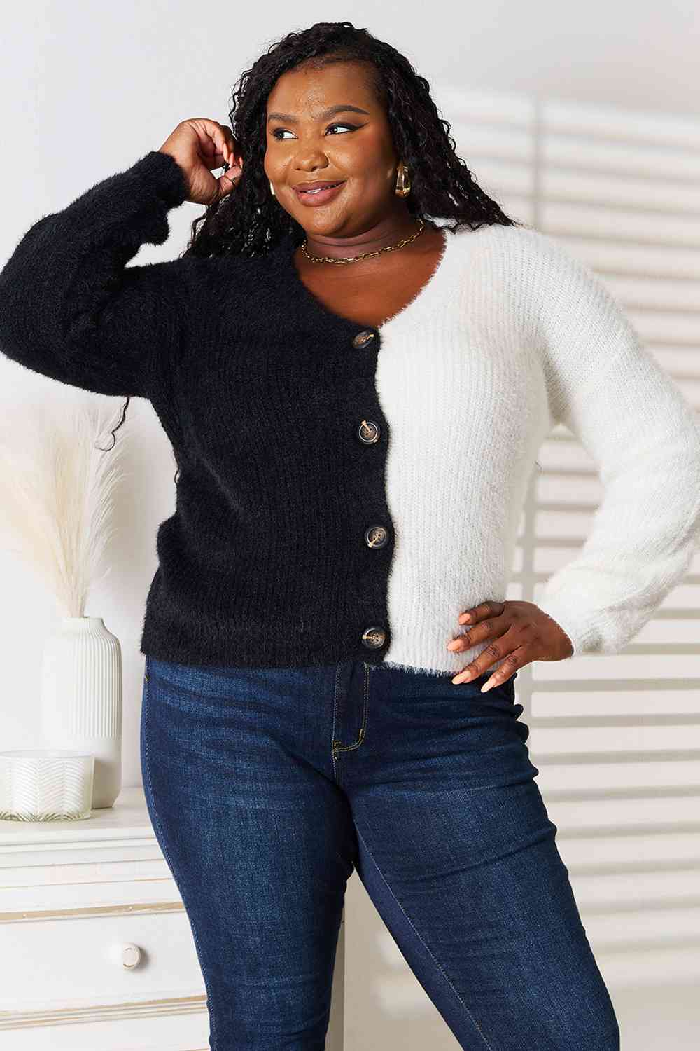 Radiant Contrast Button-Front V-Neck Cardigan