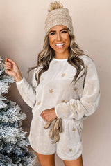 Plush Star Pattern Long Sleeve Pullover And Shorts Lounge Set