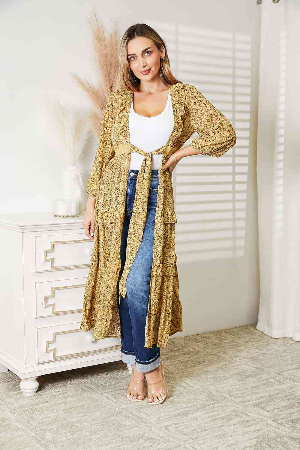 Full Size Tie Front Ruffled Duster Cardigan