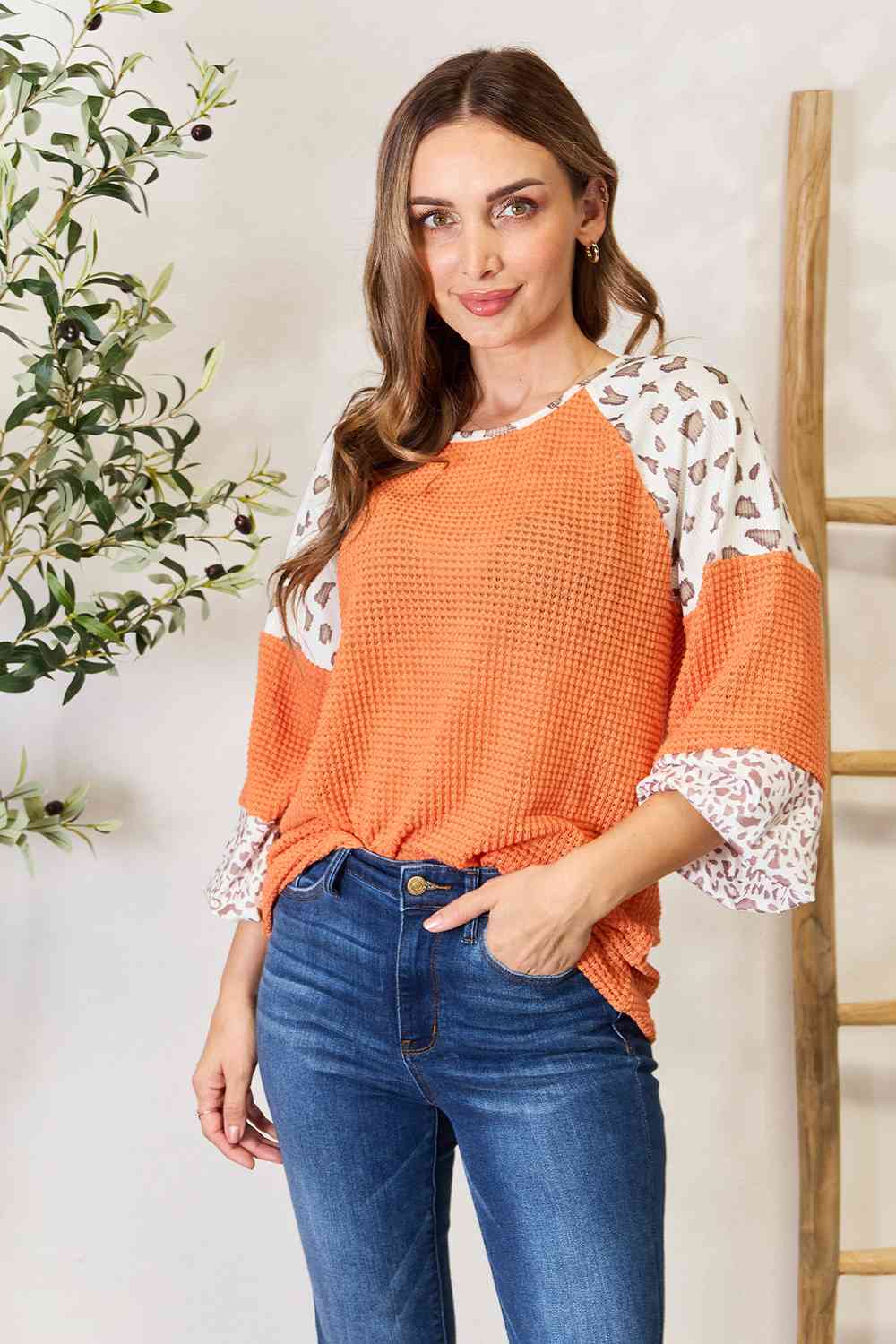 Leopard Waffle-Knit Long Sleeve Blouse