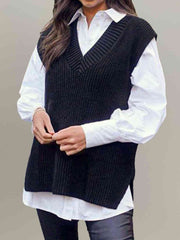 Focused V-Neck Slit Sweater Vest