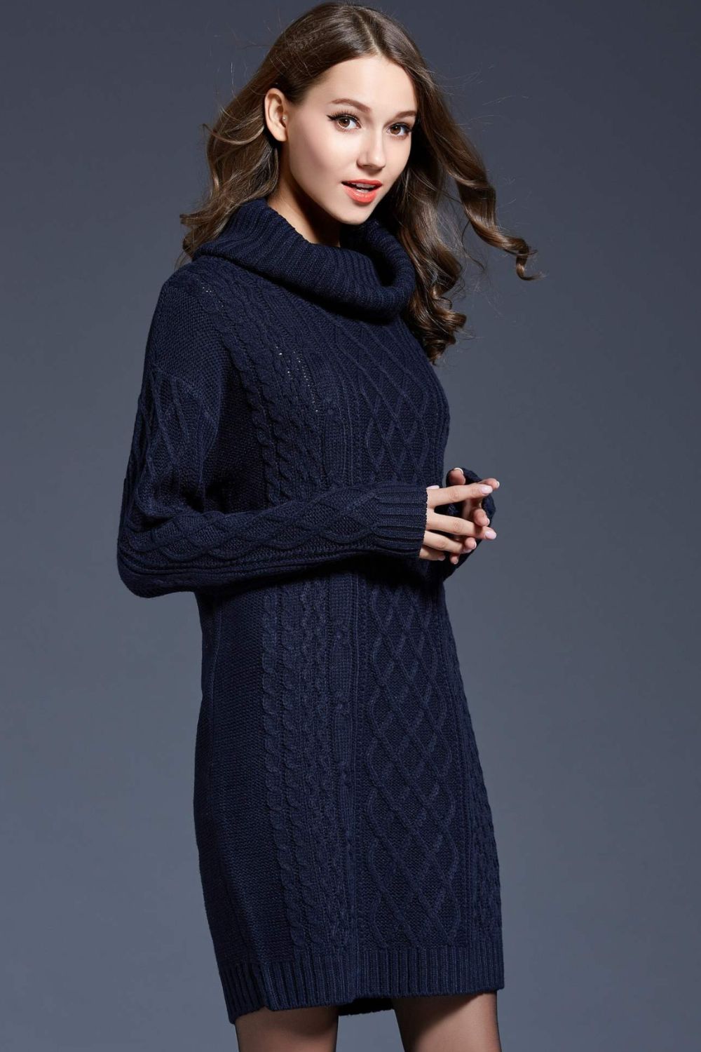 Mixed Knit Cowl Neck Dropped Shoulder Sweater Dress