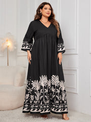 Plus Size Printed V-Neck Long Sleeve Maxi Dress