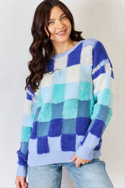 Checkered Round Neck Long Sleeve Sweater