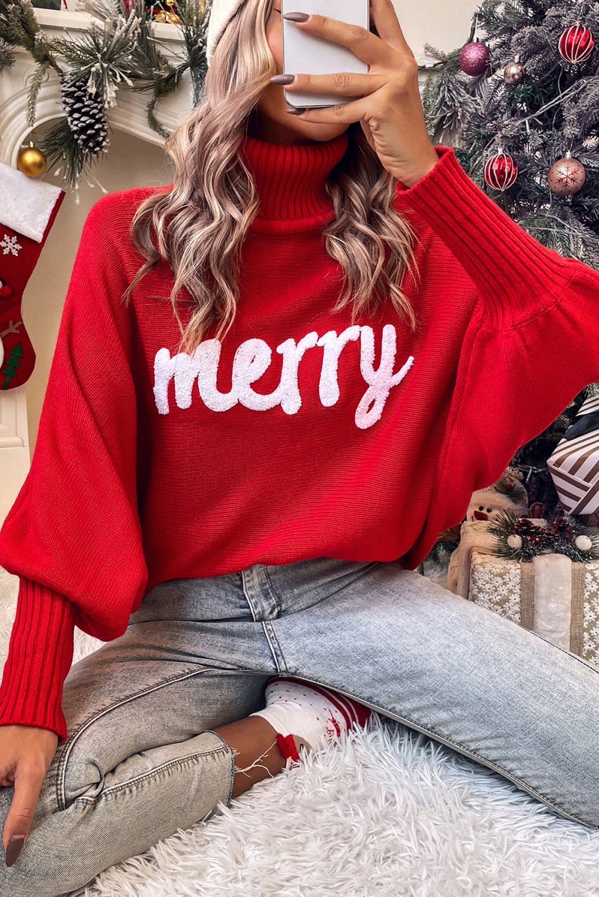 Rose Merry Letter Embroidered High Neck Sweater