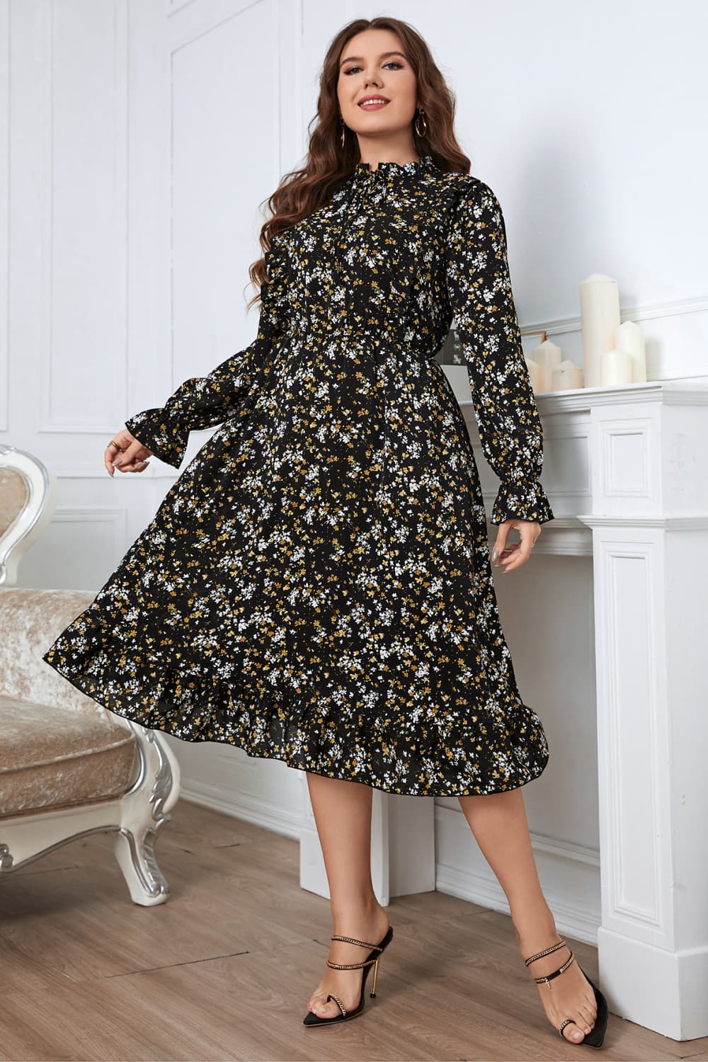 Floral Flounce Sleeve Midi Dress