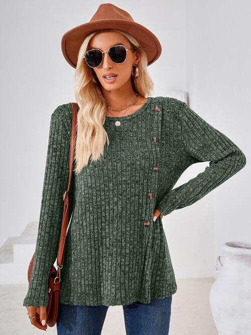 Ribbed Buttoned Round Neck Slit T-Shirt