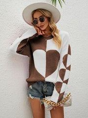 Heart Contrast Dropped Shoulder Sweater