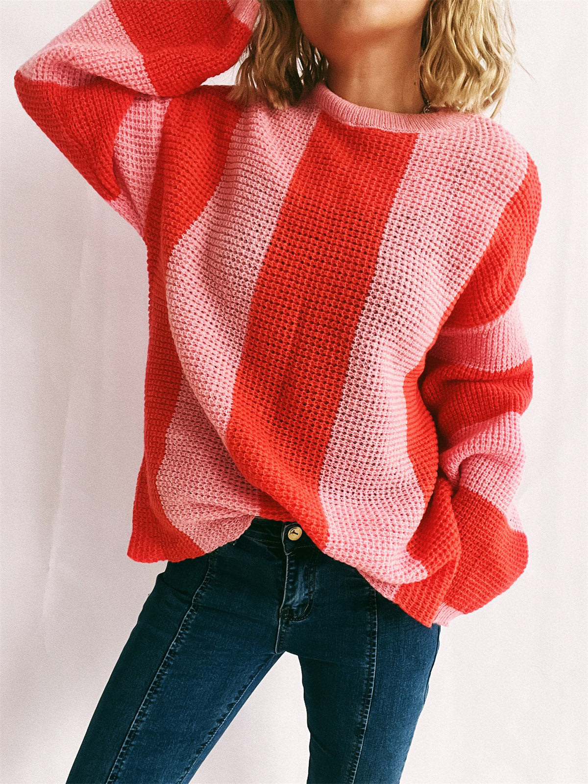 Color Block Round Neck Long Sleeve Sweater