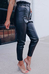 Smocked High Waist Faux Leather Skinny Pants