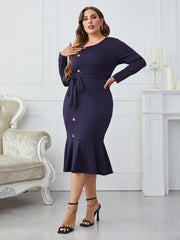 Buttoned Round Neck Tie Belt Midi Dress