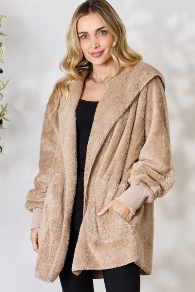 Faux Fur Open Front Hooded Jacket