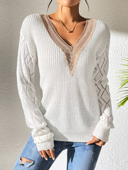 Openwork V-Neck Long Sleeve Sweater