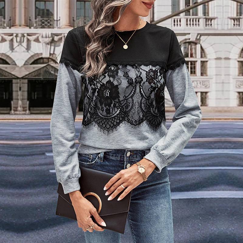 Floral Lace Contrast Round Neck Sweatshirt