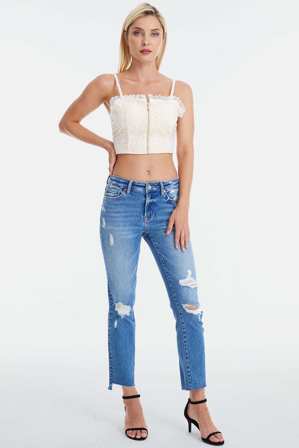 Mid Waist Distressed Ripped Straight Jeans