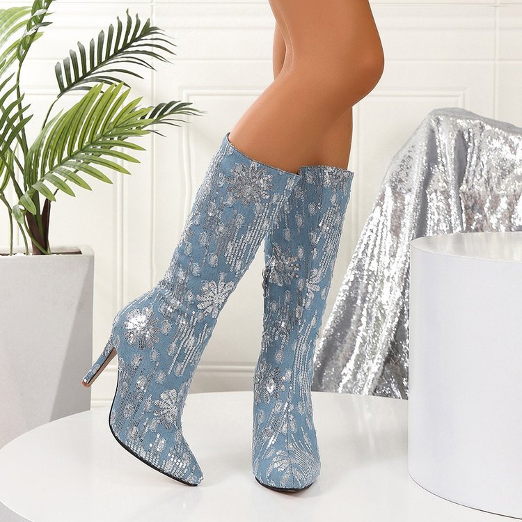 Sequin Flower Denim Pointed-toe Stiletto Boots